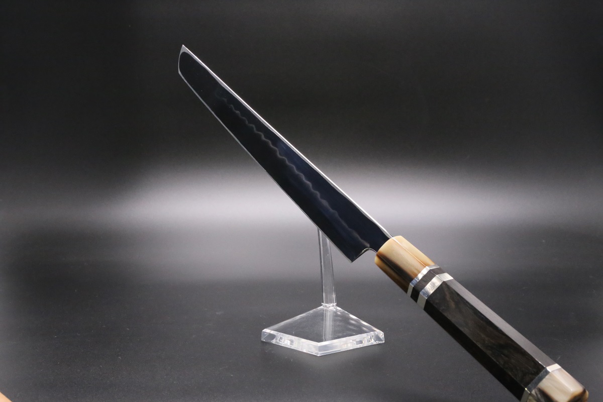 先丸蛸引 白鋼 300mm 油本焼 両鏡面 波浮かし 八角黒檀柄 白木健一作