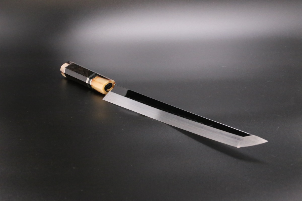 先丸蛸引 白鋼 300mm 油本焼 両鏡面 波浮かし 八角黒檀柄 白木健一作