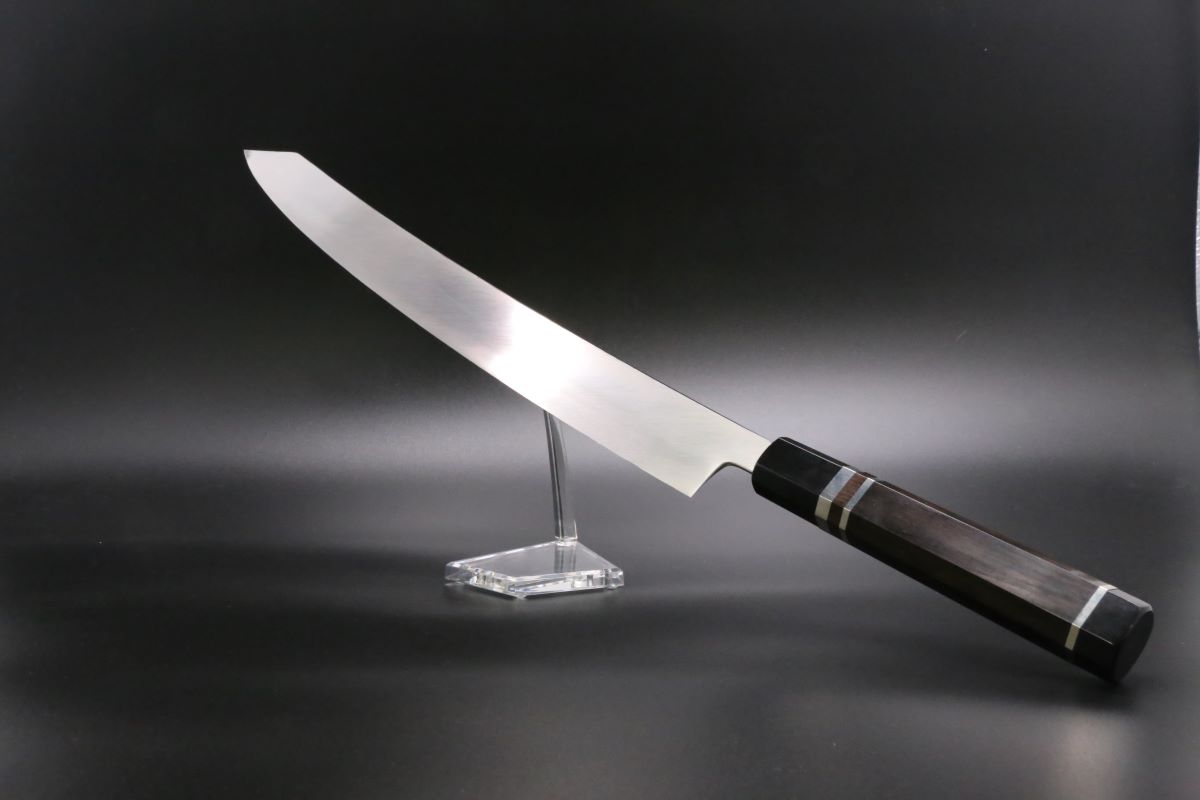 剣型 切付柳刃 V金10号 390mm 全鋼本焼 平鏡面 黒檀柄 特注鞘付き 中川