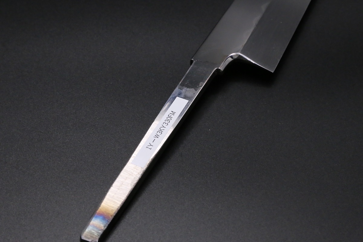 切付柳刃 白三鋼 330mm 油本焼 平鏡面 波浮かし刃文 八角黒檀柄 池田 