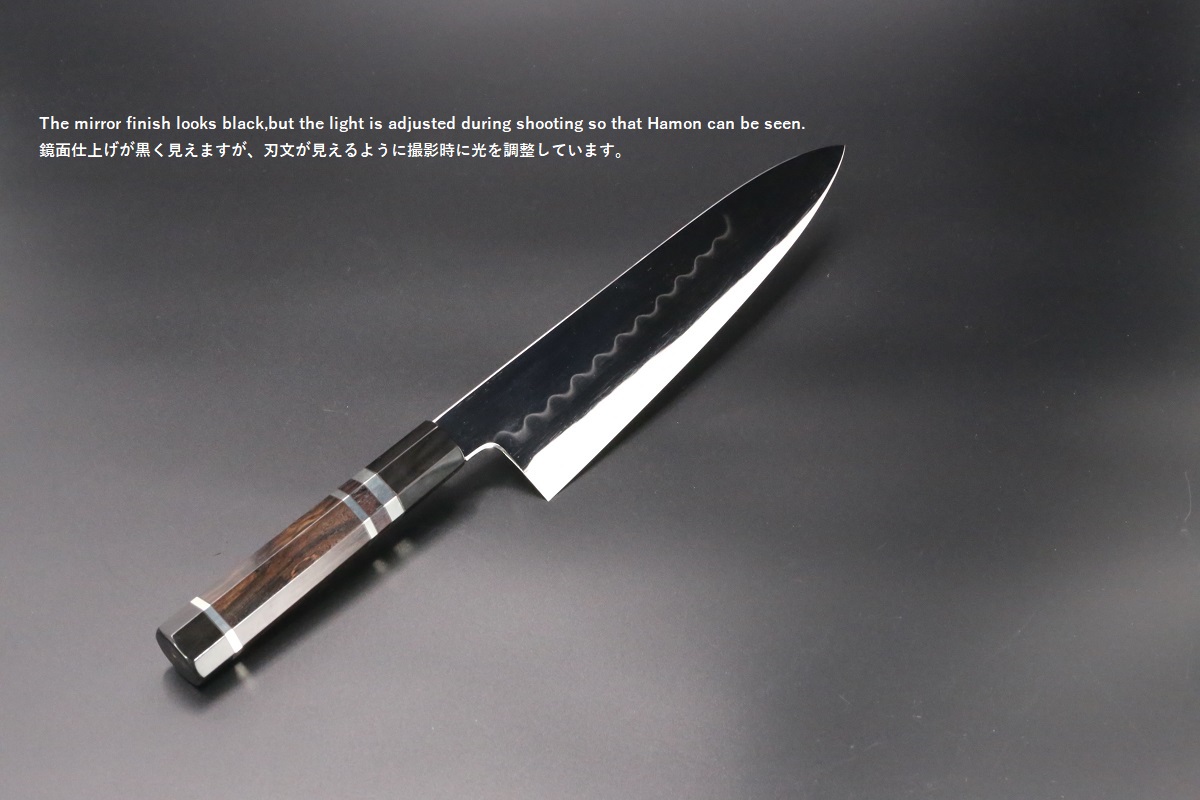 牛刀 鏡面　330mm 全長500mm 和牛刀 白三鋼 240mm 油本焼 鏡面 波浮かし刃文 八角黒檀柄 池田美和作