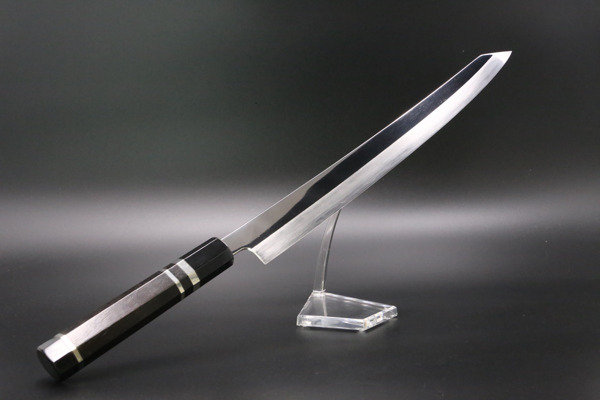 切付柳刃 V金10号 割込み両刃 330mm 両鏡面 反り有り 黒檀柄 中川悟志