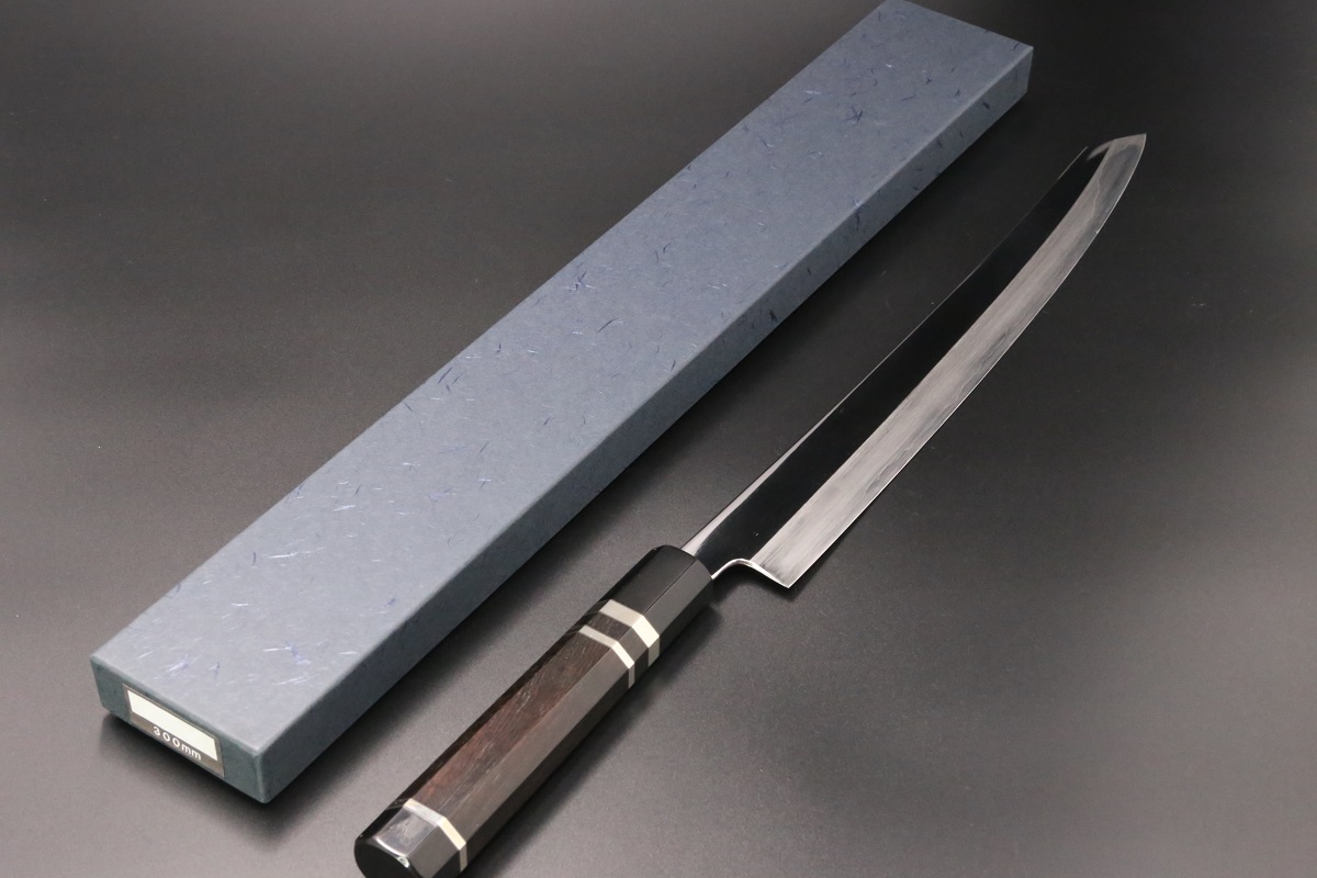 切付柳刃 V金10号 割込み両刃 330mm 両鏡面 反り有り 黒檀柄 中川悟志