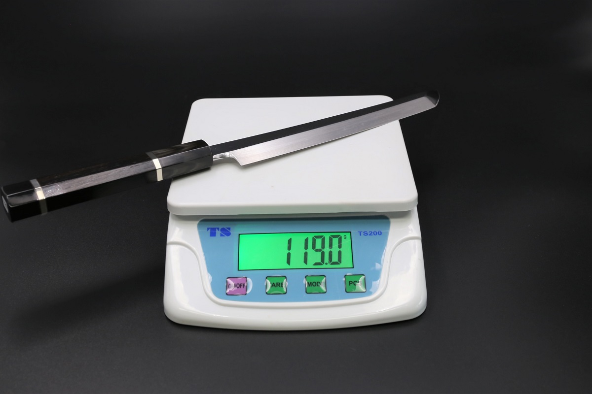 先丸蛸引 V金10号 180mm 全鋼本焼 平鏡面 黒檀柄-歌舞伎ナイフ 先丸蛸引 V金10号 180mm 全鋼本焼 平鏡面 黒檀柄-歌舞伎ナイフ