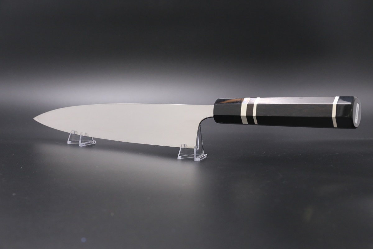 身卸出刃 V金10号 240mm 全鋼本焼 平鏡面 黒檀柄 鞘付き-歌舞伎ナイフ