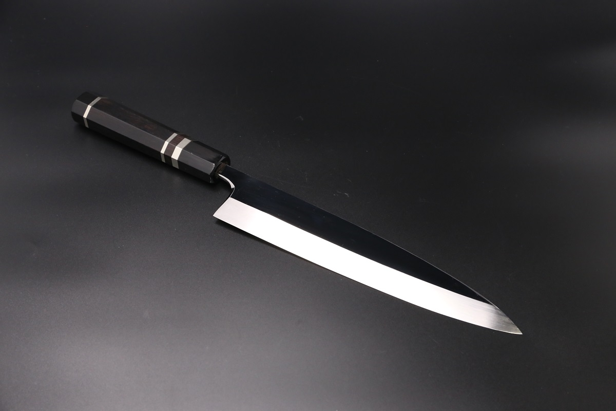 身卸出刃 V金10号 240mm 全鋼本焼 平鏡面 黒檀柄 鞘付き-歌舞伎