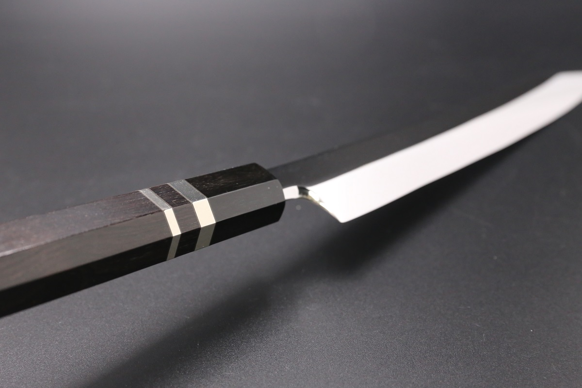 切付柳刃 V金10号 270mm 全鋼本焼 全鏡面 黒檀柄 鞘付-歌舞伎ナイフ