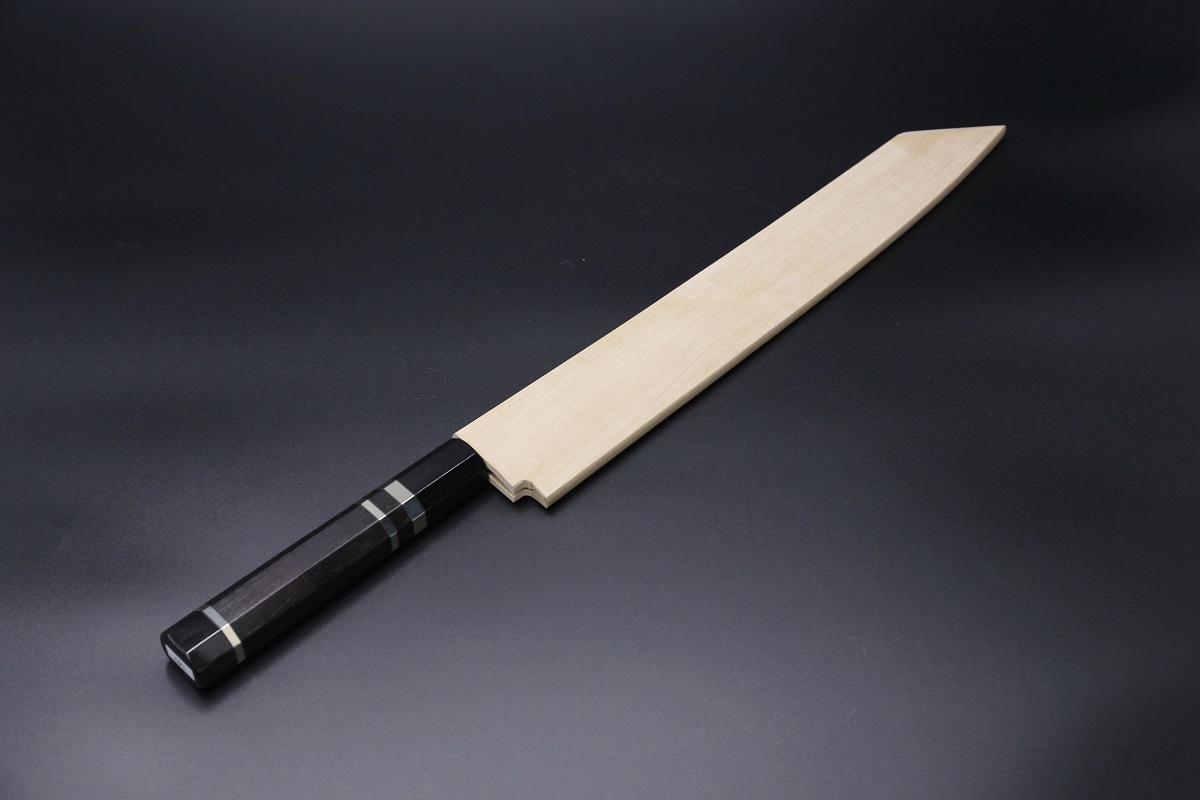 切付柳刃 V金10号 270mm 全鋼本焼 全鏡面 黒檀柄 鞘付-歌舞伎ナイフ