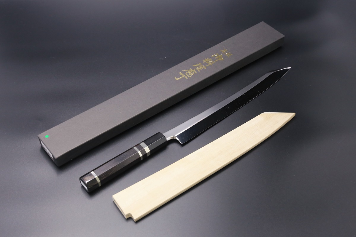 切付柳刃 V金10号 270mm 全鋼本焼 全鏡面 黒檀柄 鞘付-歌舞伎ナイフ