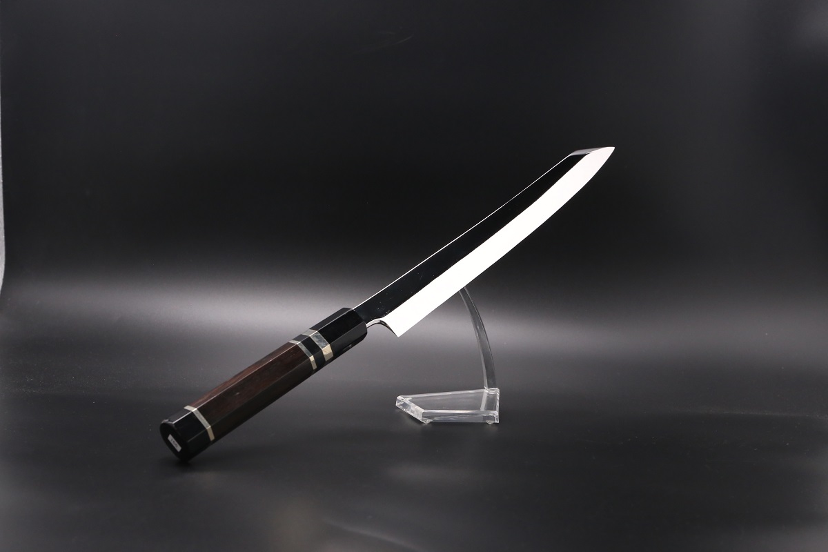 切付柳刃 V金10号 300mm 全鋼本焼 全鏡面 黒檀柄 鞘付-歌舞伎ナイフ