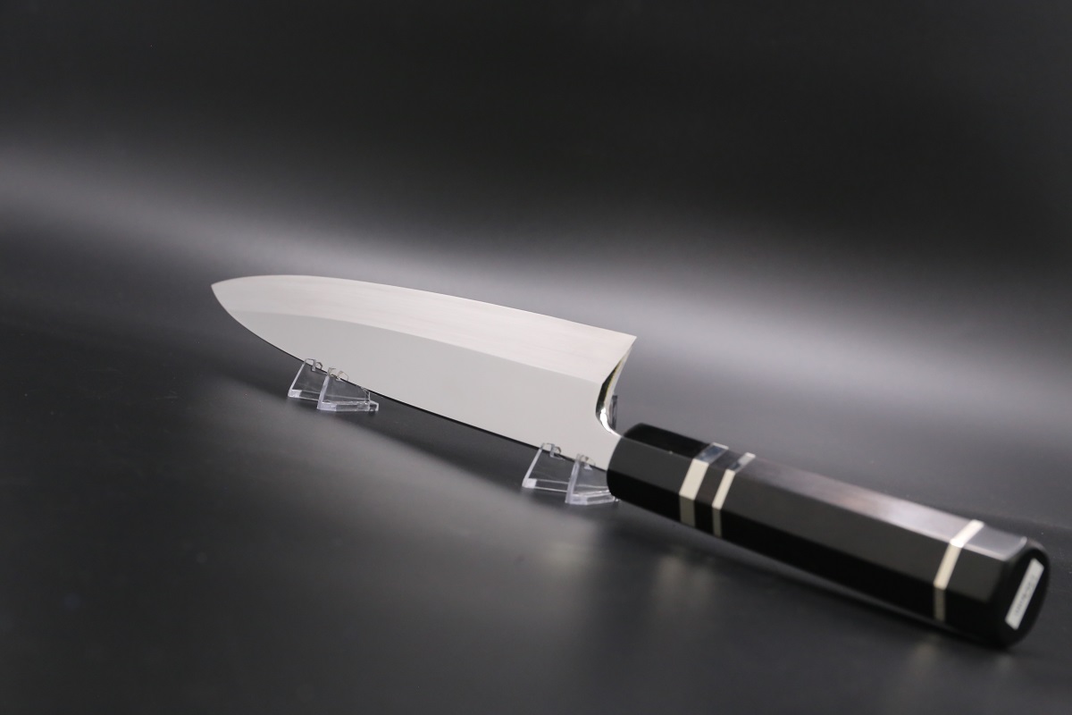 身卸出刃 V金10号 240mm 全鋼本焼 平鏡面 黒檀柄 鞘付き-歌舞伎ナイフ