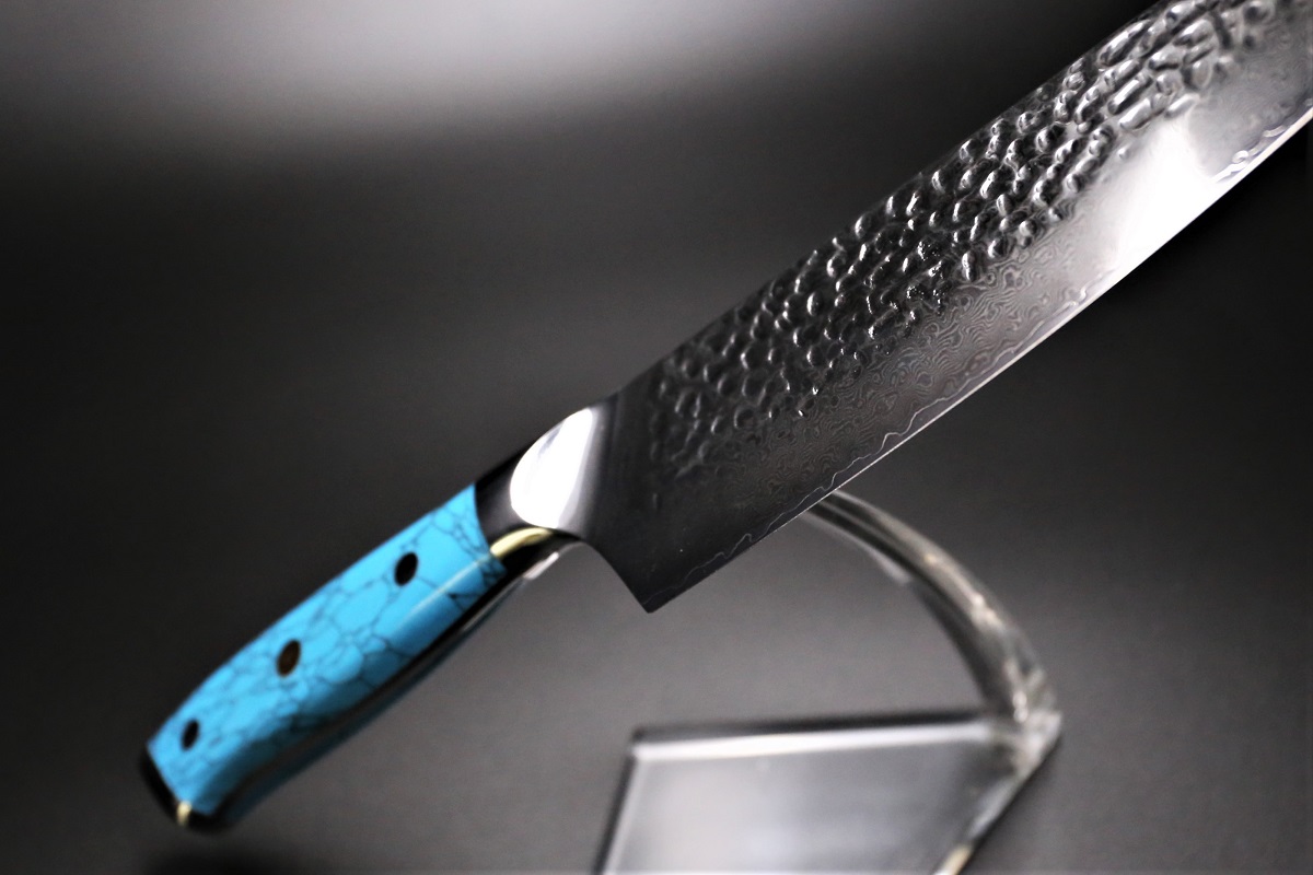 牛刀 V金10号 180mm ダマスカス 鎚目鍛造 180mm ターコイズ柄 歌舞伎ナイフ