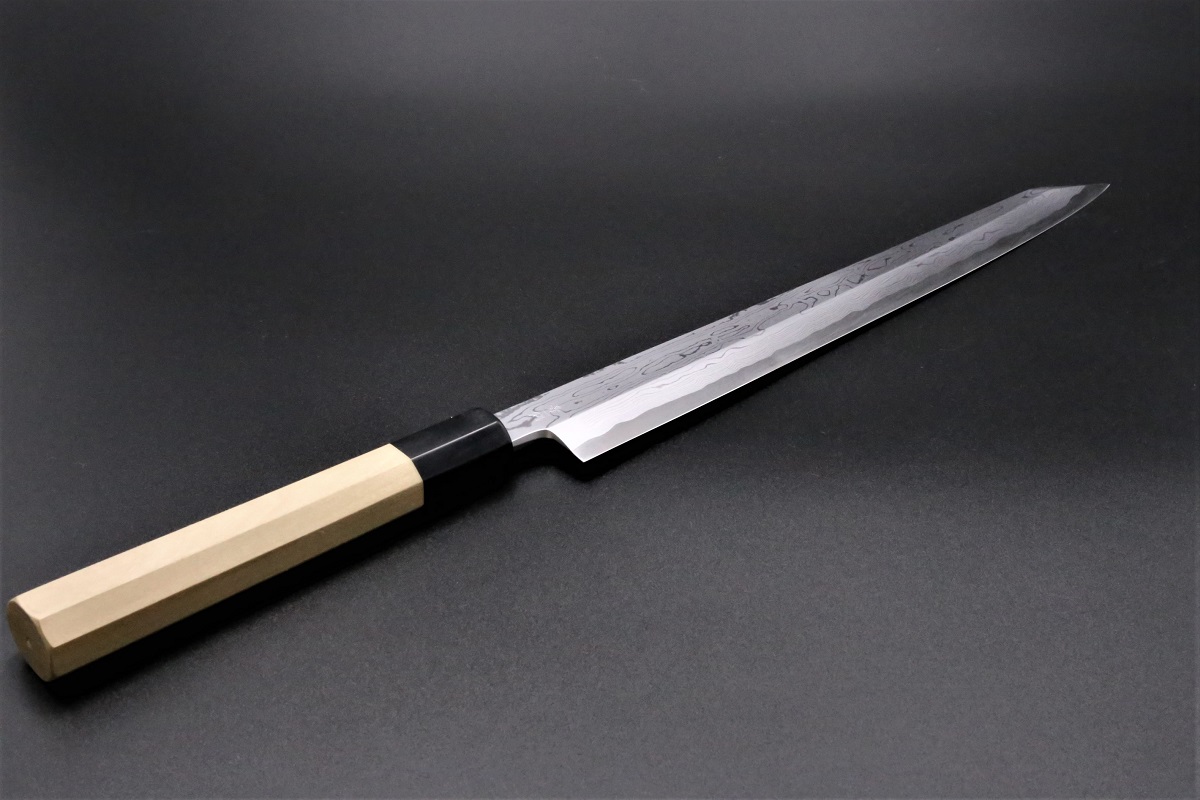 尺300mm 柳刃包丁 墨流しダマスカス　人工象牙八角柄 和包丁 白︑ 尺300mm 柳刃包丁 墨流しダマスカス 人工象牙八角柄 和包丁 白︐ 尺