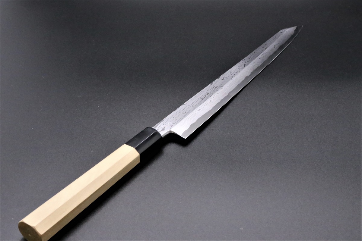 切付柳刃 青一鋼 300mm ダマスカス 墨流し-歌舞伎ナイフ