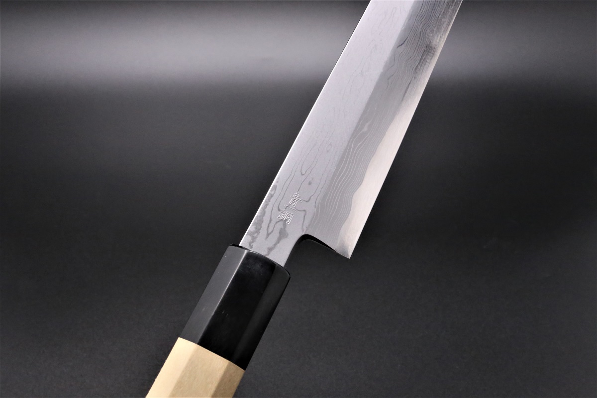 切付柳刃 青一鋼 300mm ダマスカス 墨流し-歌舞伎ナイフ