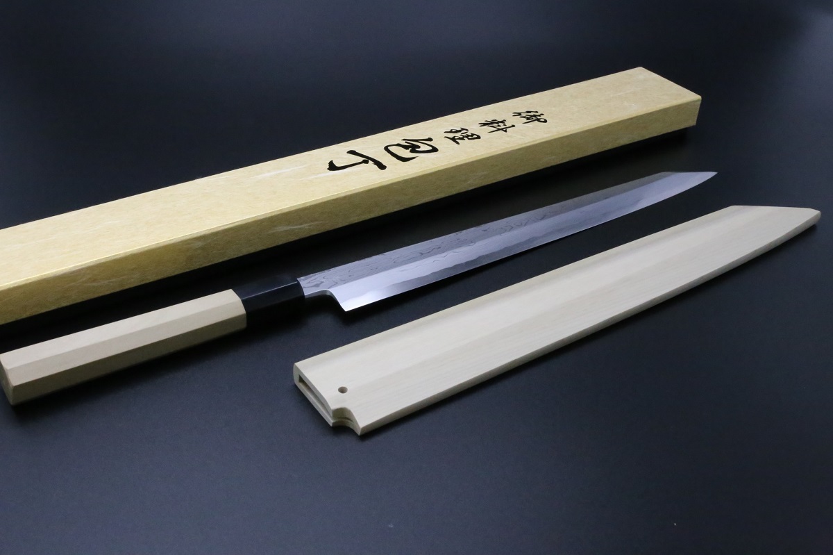 切付柳刃 青一鋼 300mm ダマスカス 墨流し-歌舞伎ナイフ