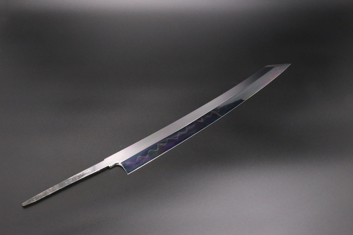 切付柳刃 白一鋼 390mm 水本焼 全鏡面仕上げ 八角黒檀柄 黒檀鞘
