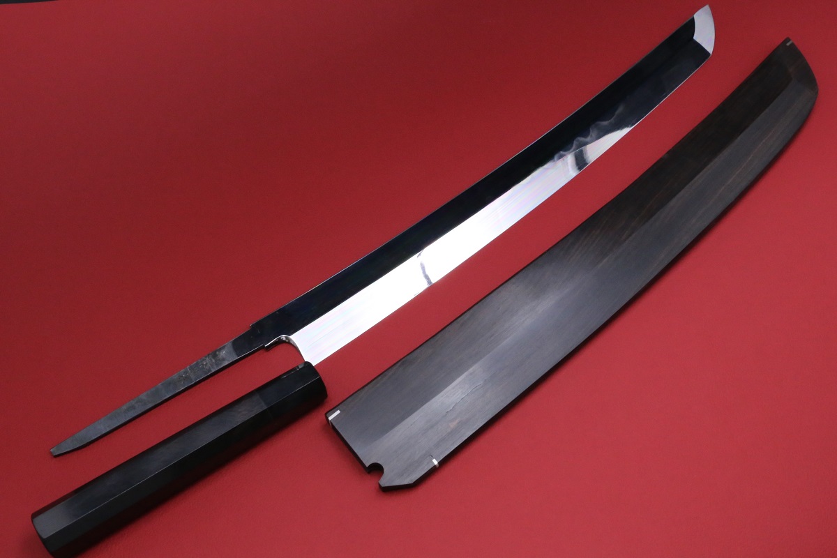 先丸蛸引 白一鋼 390mm 全鏡面仕上げ 八角黒檀柄 黒檀鞘付き 平泰明作