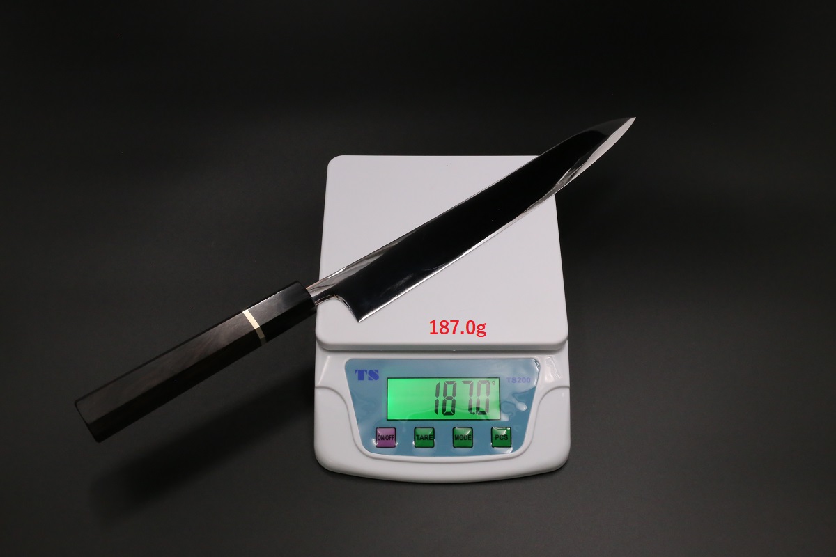 新作】筋引 V金10号 240mm 両刃 全鋼本焼 全鏡面 八角黒檀柄