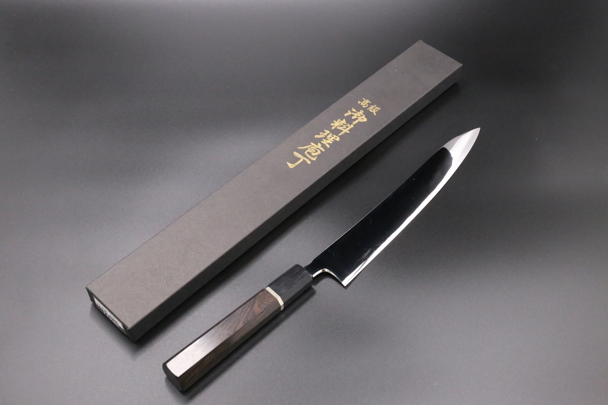 新作】筋引 V金10号 240mm 両刃 全鋼本焼 全鏡面 八角黒檀柄