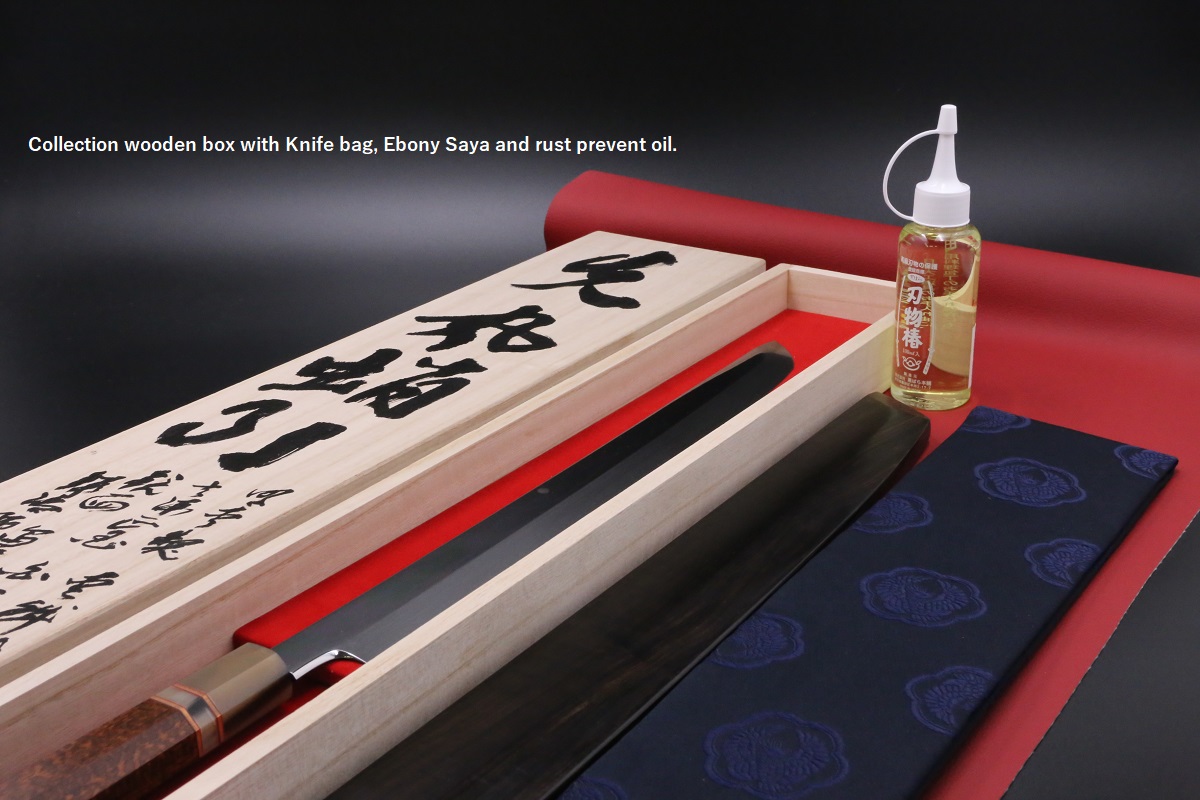 【堺打刃物】蛸引 先丸 水本焼 白一鋼　鏡面　尺一　包丁　アイアンウッド水牛柄 先丸蛸引 白一鋼 水本焼 390mm 富士掛かり満月 両鏡面 八角