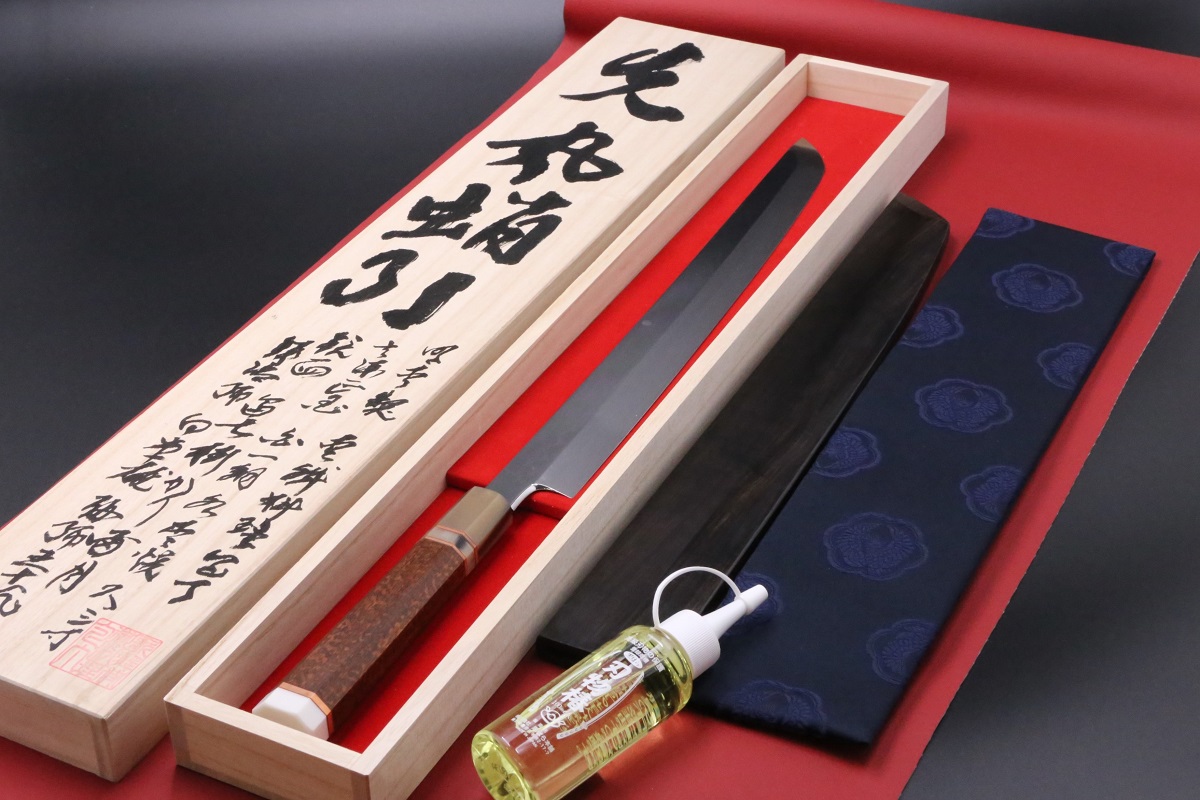 先丸蛸引 白一鋼 水本焼 390mm 富士掛かり満月 両鏡面 八角