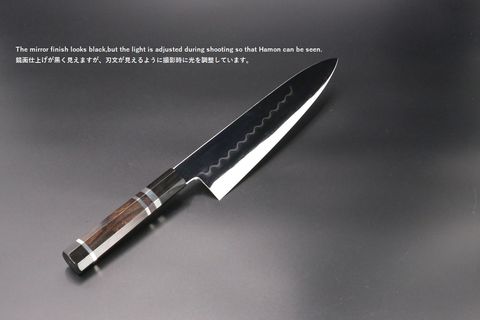 牛刀 本焼き 堺刃物 美和池田 9寸 白鋼 水牛黒檀柄 和牛刀 白三鋼 240mm 油本焼 鏡面 波浮かし刃文 八角黒檀柄 池田
